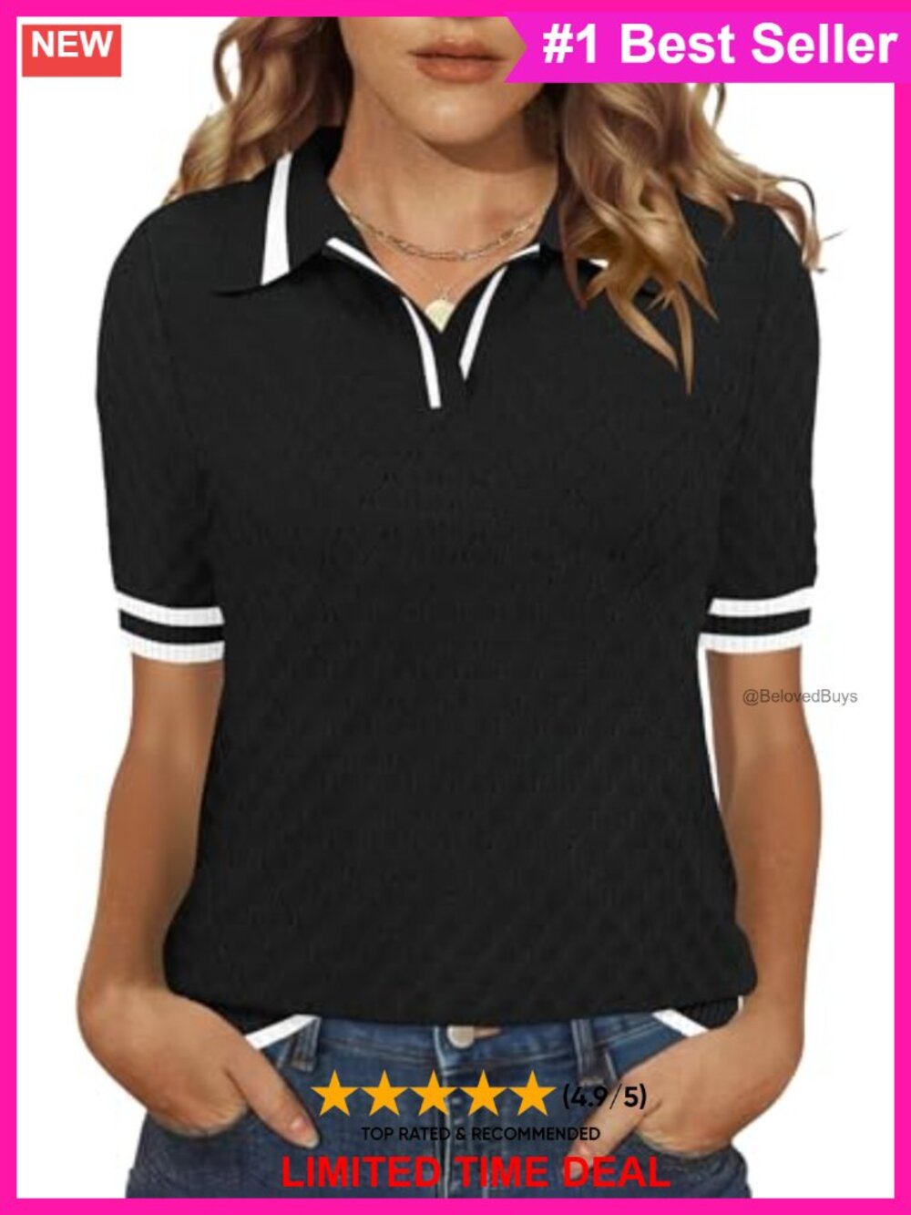 Women's Viscose Short Sleeve V-Neck Polo Knit Sweater Top Casual Preppy
